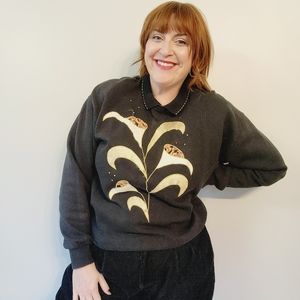 90s Vintage Black Collared Lily Floral Sweatshirt